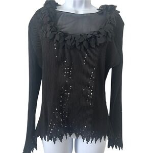 Vintage 90s Y2K Sz‎ L Pleated Black Sequin Eyelet Top Witchy Whimsigoth Stretchy